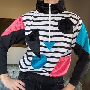 Vintage 90s Geometric Striped Half Zip Sweater Satin Applique Retro Streetwear